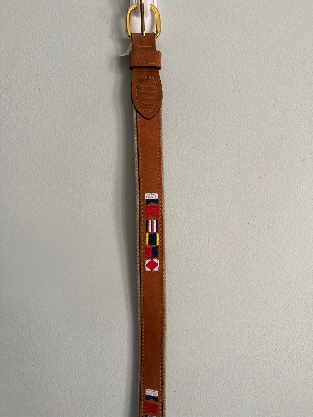 Zep-pro Embroidered Brown Leather and Canvas Belt with Brass Buckle